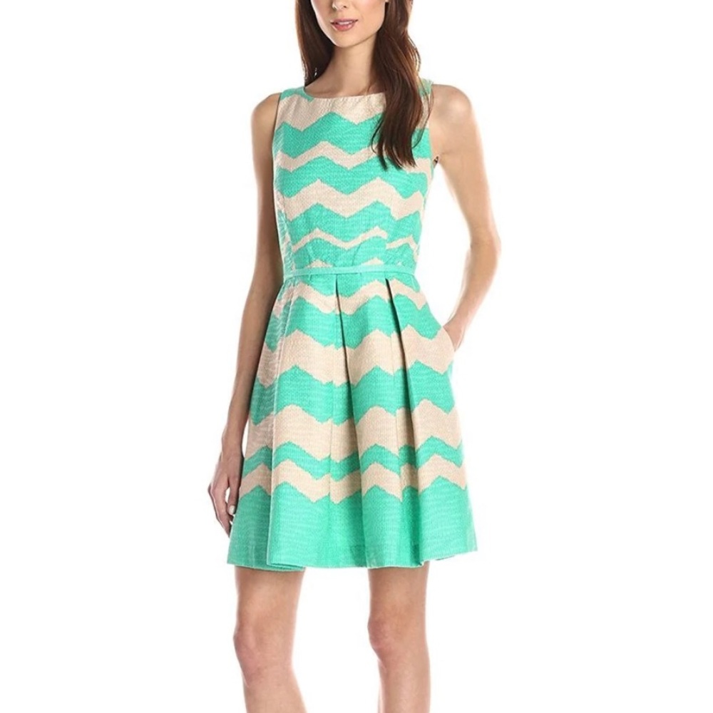 Taylor - Pleated Teal Chevron Jacquard Dress